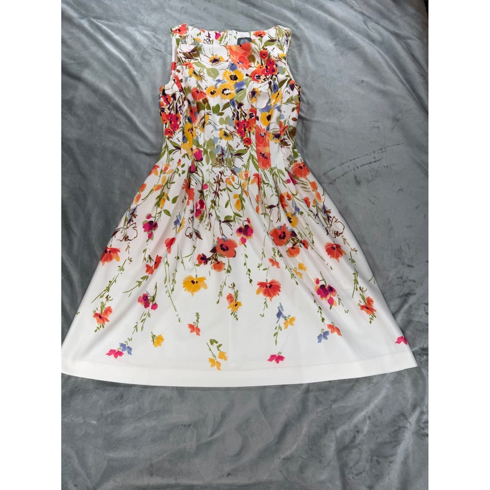 Vince Camuto Womens Cream Floral Scuba Fit Flare Dress Pockets Poppies Size 4